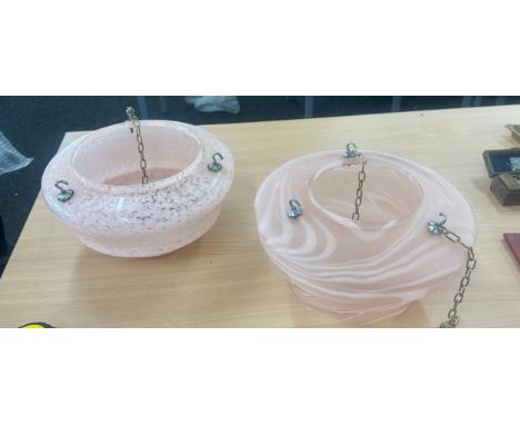 Two vintage pink glass light shades measures approx 7 inches tall by 12 diameter 