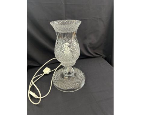 Cut glass table lamp measures approx 16 inches tall, diameter of base 10 inches 