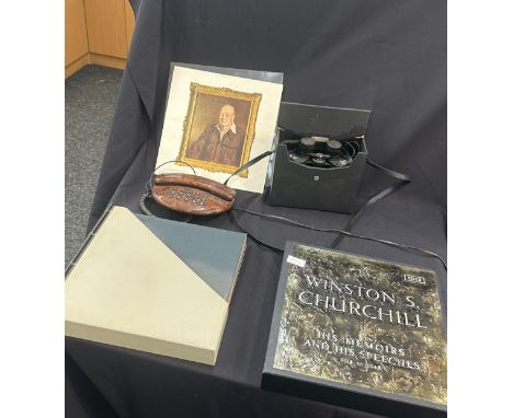 Selection of vintage collectable items to include Churchill records, a phone and binoculars 