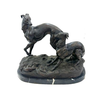 Vintage bronzed figure of dogs on a marble based signed J.Mene measures approx  15 inches wide and 13 inches tall 