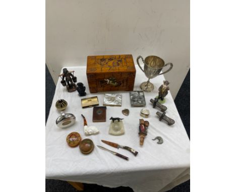 Selection of collectable includes trophy, smoking pipe, compacts etc 