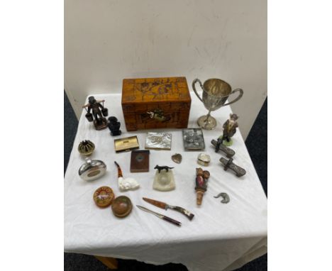 Selection of collectable includes trophy, smoking pipe, compacts etc 