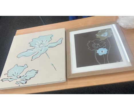 Large blue flower framed print and a blue flower canvas largest measures approx 24 x 24 inches 