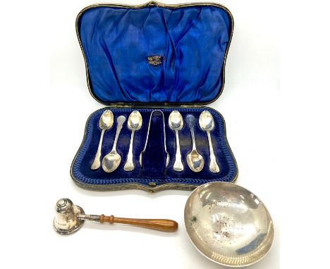 Cased set of hallmarked silver teaspoons and sugar tongs together with a hallmarked silver candle snuff, hallmarked silver tr