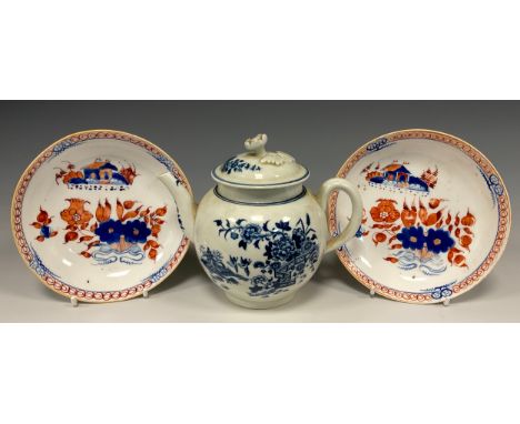 An 18th century Worcester porcelain globular bullet form teapot, decorated in the Fence and Two Birds pattern, moulded and pa