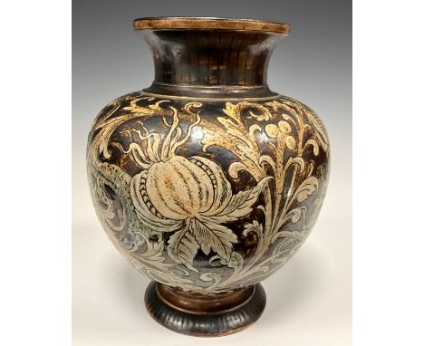 A Robert Wallace Martin for Martin Brothers,  unusual stoneware vase dated 1890, the baluster form body incised with Grotesqu