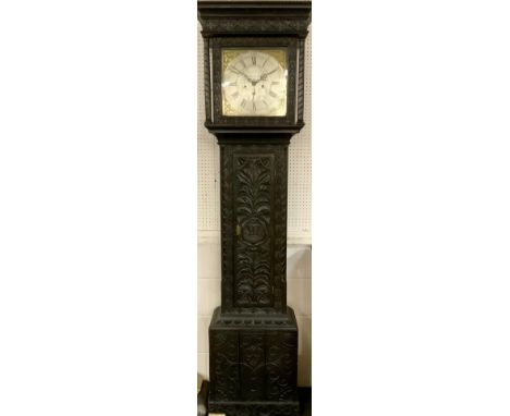 A 18th century carved oak Longcase clock, John Fletcher, Barnsley, silvered dial, subsidiary half hour, bold Roman numerals, 