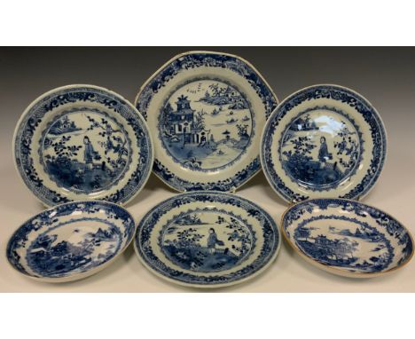 An 18th century Chinese octagonal blue and white plate, painted with traditional landscape, boats and figures, unmarked 23.3c