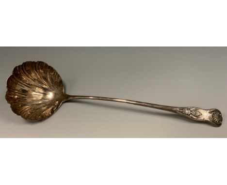 A George III silver Kings pattern soup ladle, shell shaped bowl, monogrammed GLL, marks worn possibly London 1776, 5.94ozt 