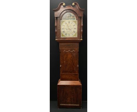 A Victorian flame mahogany Longcase Clock, signed M. Galloway of Leeds, later painted arched dial, bold Roman numerals, eight