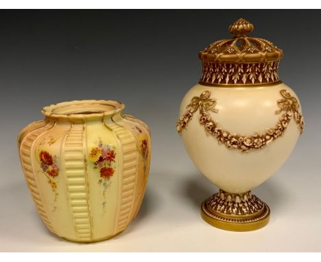 A Royal Worcester crown top potpourri, moulded with floral swags and ribbon bows, shape 1332, printed marks in puce, indistin