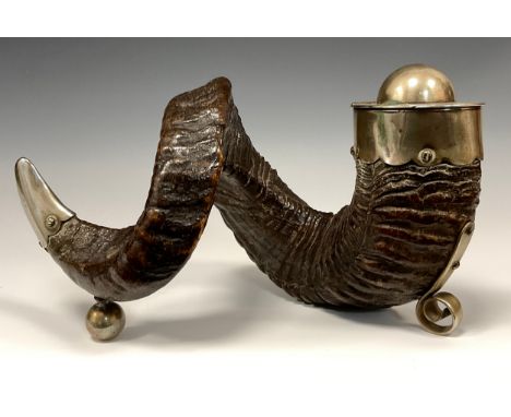 A 19th century Ram's horn inkwell with silver-plated mounts 16cm high, 30cm long. 