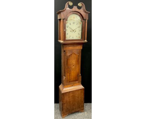 A 19th century inlaid oak and mahogany longcase clock, unsigned painted floral dial,&nbsp; Arabic numerals, eight day movemen