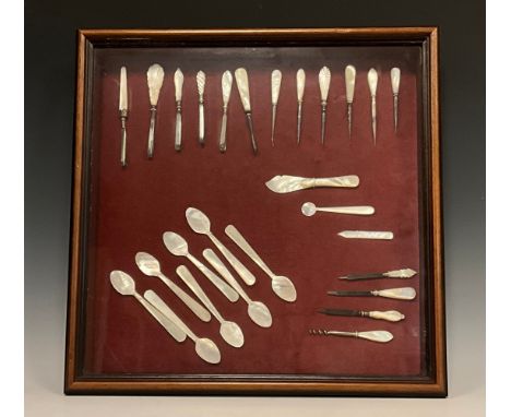 A montage of Victorian mother of pearl hafted tools inc nail files, tweezers, needles, hooks etc, set of eight mother of pear