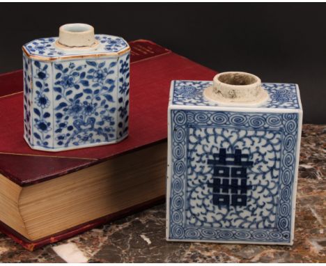 A Chinese canted rectangular tea caddy, painted in tones of underglaze blue with flowers and leafy branches, 11cm high, 18th 