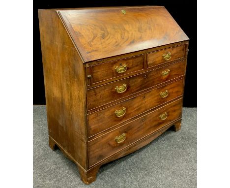 A George III mahogany bureau, fall front enclosing a fitted interior, above drawers, bracket feet, 112cm high, 107cm wide, 55