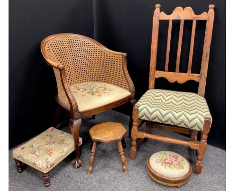 An 18th/19th century elm Sark Island chair;  a Bergere weave tub chair;  Victorian tapestry top foot stool;  elm milking stoo