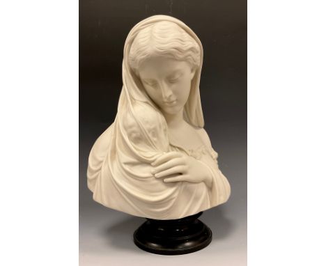 A 19th century Copeland Parian bust of ' Mother &amp; Child', dated 1871, modelled by Raffaele Monti, her head tilted to her 