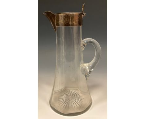 An Edwardian silver mounted trumpet shaped claret jug, hinged cover with shaped and pierced thumbpiece, star-cut base, 25cm h
