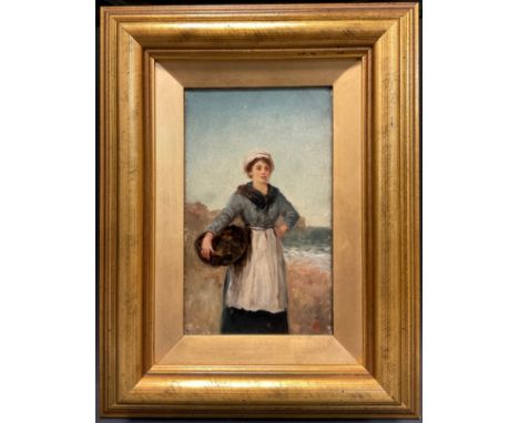 English School, 19th century, three quarter length portrait, Fisher Girl stood on the Beach Holding a Basket Awaiting the Cat