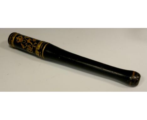 A George IV turned wooden short barrel truncheon, GR IV gilt and red cypher , black ground, 25.5cm long, 3cm diameter. c.1825