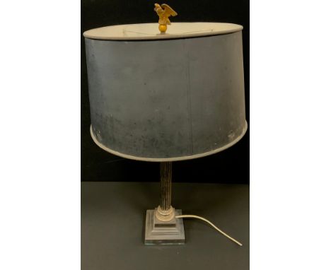 A large silver plated Corinthian column table lamp,  stepped square base, black metal shade, eagle and ball finial, 82.5cm hi