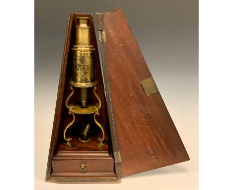 A 19th century Culpeper type monocular microscope, unsigned, double tripod base, gimbaled mirror, mounted on a mahogany plint