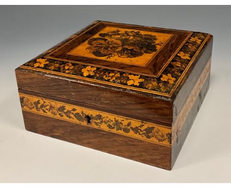 A 19th century Tunbridge inlaid handkerchief box, lined interior, 7.5cm high, 15cm square. 