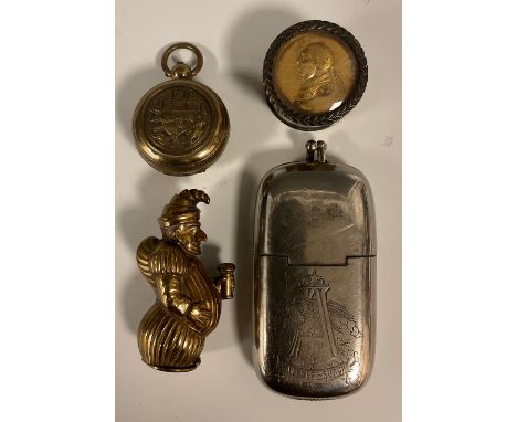 A George III commemorative pill box, with embossed portrait cover the base, marked George III;  brass Mr Punch etc  (4) 