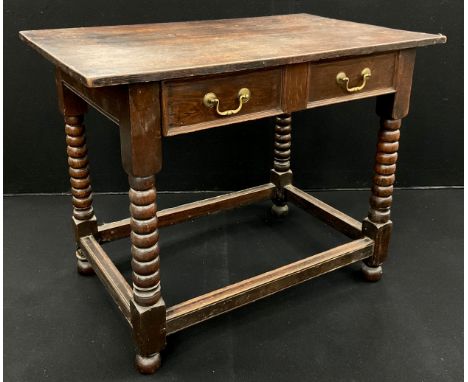 An 18th/19th century oak side table, rectangular top above a frieze drawer, brass swan neck handles, bobbin-turned legs, 75cm