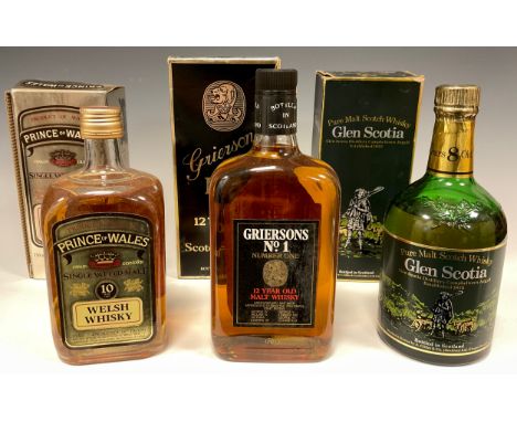 Whisky - Griersons No1 12 year old malt Scotch whisky, 50% vol, 75cl;  Prince of Wales 10 year old Welsh single vatted malt w