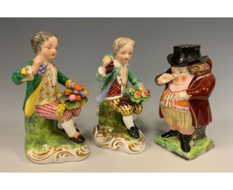 A near pair of 19thC Stevenson &amp; Hancock/Sampson Hancock Derby porcelain figures, each of finely dressed children holding