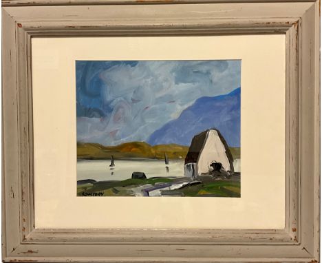 R Dunleavey, after Paul Henry, Irish Sails and Cottage, signed, oil on board, 24cm x 29cm. 