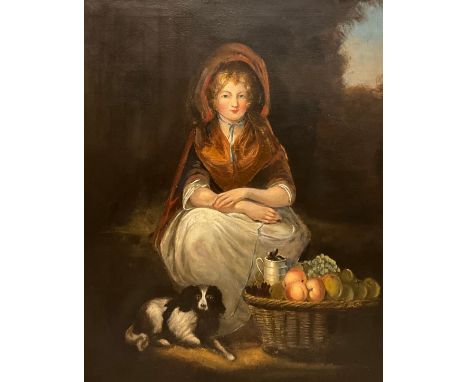After James Stark (Norwich School, 1794-1859) Portrait of a Girl with her dog and a basket of fruit oil on canvas, 19th centu