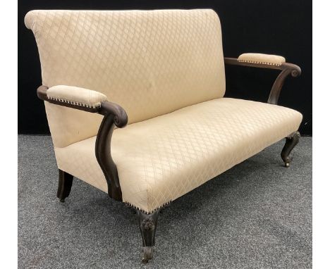 A Victorian mahogany sofa, stuffed-over upholstery, scroll arms, carved cabriole legs, brass casters, 92cm high, 151.5cm wide