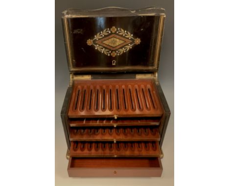 A 19th century French amboyna and brass marquetry ebonised drinks cabinet, later converted for use as a cigar cabinet, the hi