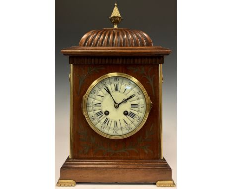 A French brass inlaid mahogany bracket clock, undulating cream dial, Arabic and Roman numerals, eight day Marti Paris movemen