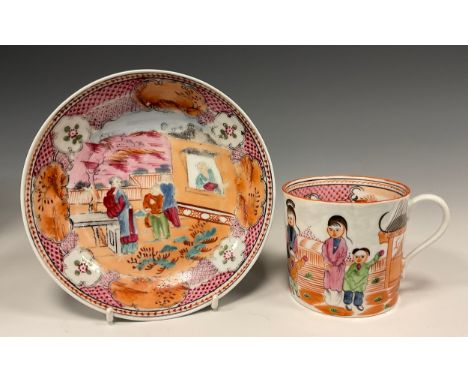 A New Hall cup and saucer, the saucer ‘Boy in the Window’ pattern 425, similar coffee can, c.1800. 