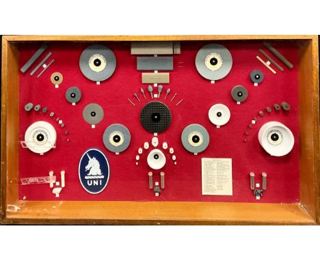 A Chesterfield collage tools montage display wall case containing assorted tools including; ‘Bauxilite Combination Oilstone’,