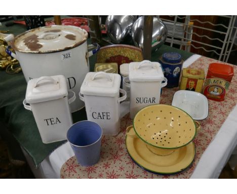 Collection of enamel kitchenalia and Coronation tins