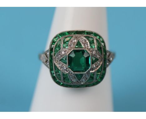 Platinum emerald and diamond Art Deco style ring