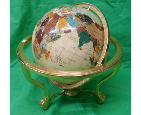 Large semi-precious stone globe in brass frame with compass - Approx H: 47cm