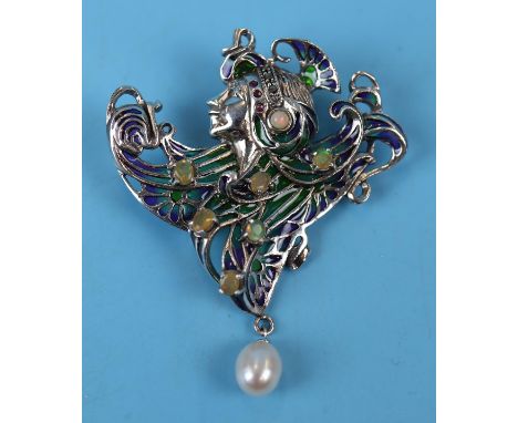 Art Deco style silver &amp; enamel brooch