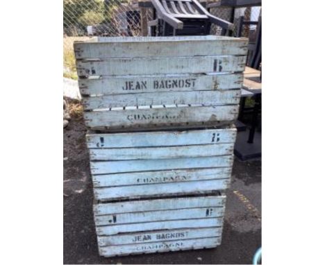 Three vintage painted wood champagne crates, width 69cm, height 39cm. Condition - weathered with some worming