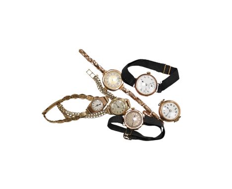 Six lady's assorted 9ct gold manual wind wrist watches, including three with 9ct bracelets, gross weight 88.9 grams. Conditio