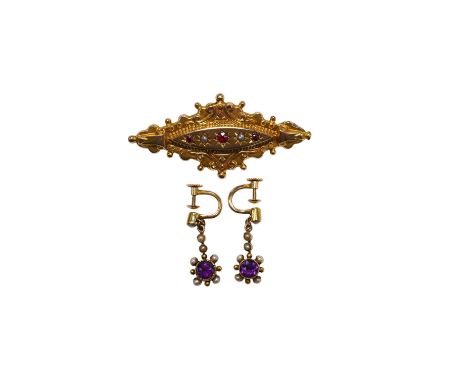 A pair of antique yellow metal, amethysts and seed pearl set drop earrings, 22mm and a Victorian 9ct, ruby and split pearl se