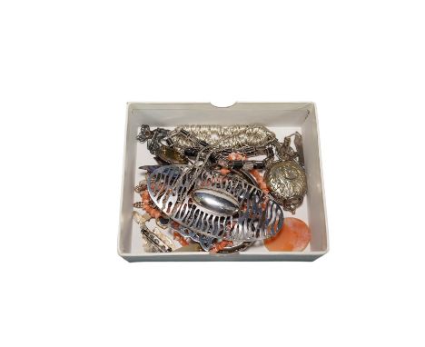 Assorted silver and jewellery including hinged bangle, pendants, brooches etc. Condition - poor to fair
