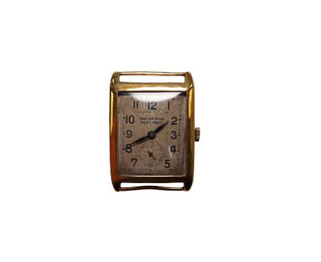 A gentleman's 9ct gold rectangular dial, manual wind wrist watch, retailed by Bravington, case diameter 26mm, no strap. Condi