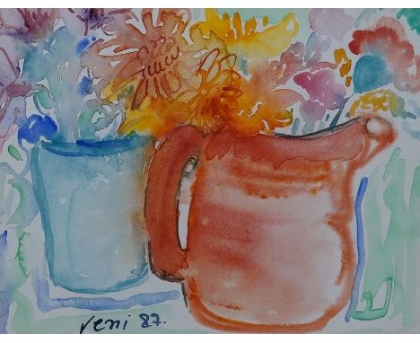 Reni, watercolour, Still life, jug and vase of flowers, signed and dated, ‘87, 24 x 29cm. Condition - good