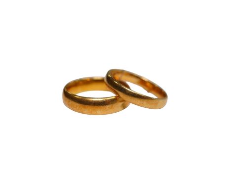 Two 22ct gold wedding bands, K/L &amp; L, 10.3 grams. Condition - fair